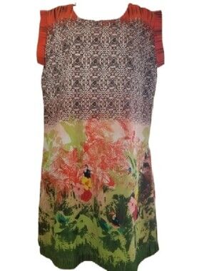 Maison Coupe Tropical Print Sleeveless Shift Dress in Coral, Green, Black Size L